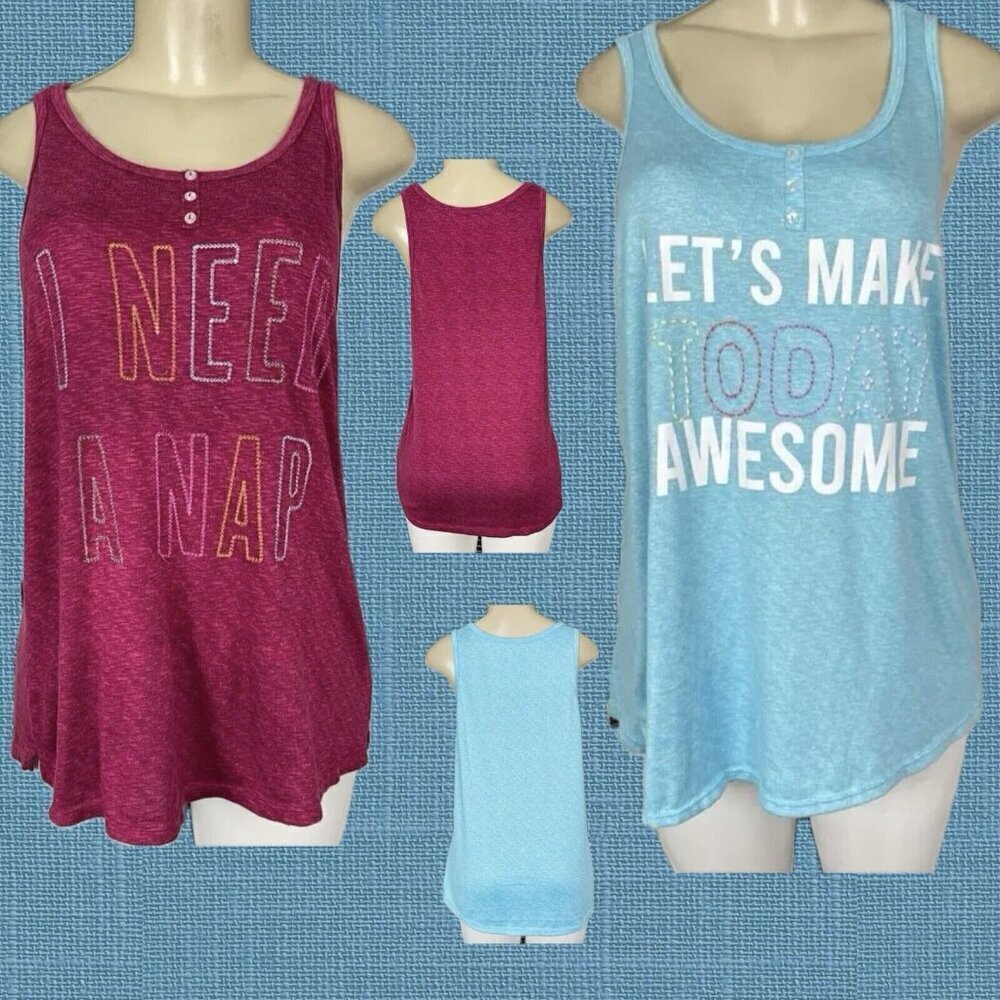 Secret Treasures XL Lot Of 2 Red-Blue Scoop Neck Embroidred Statement Sleep Tank